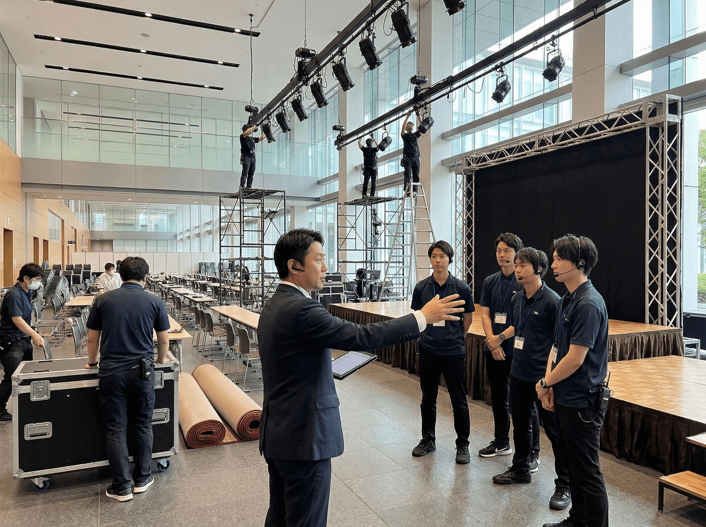 イベント会場の設営風景やディレクターが現場を指揮しているイメージ